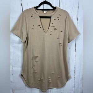 Distress Rip Tunic Top Beige Tan